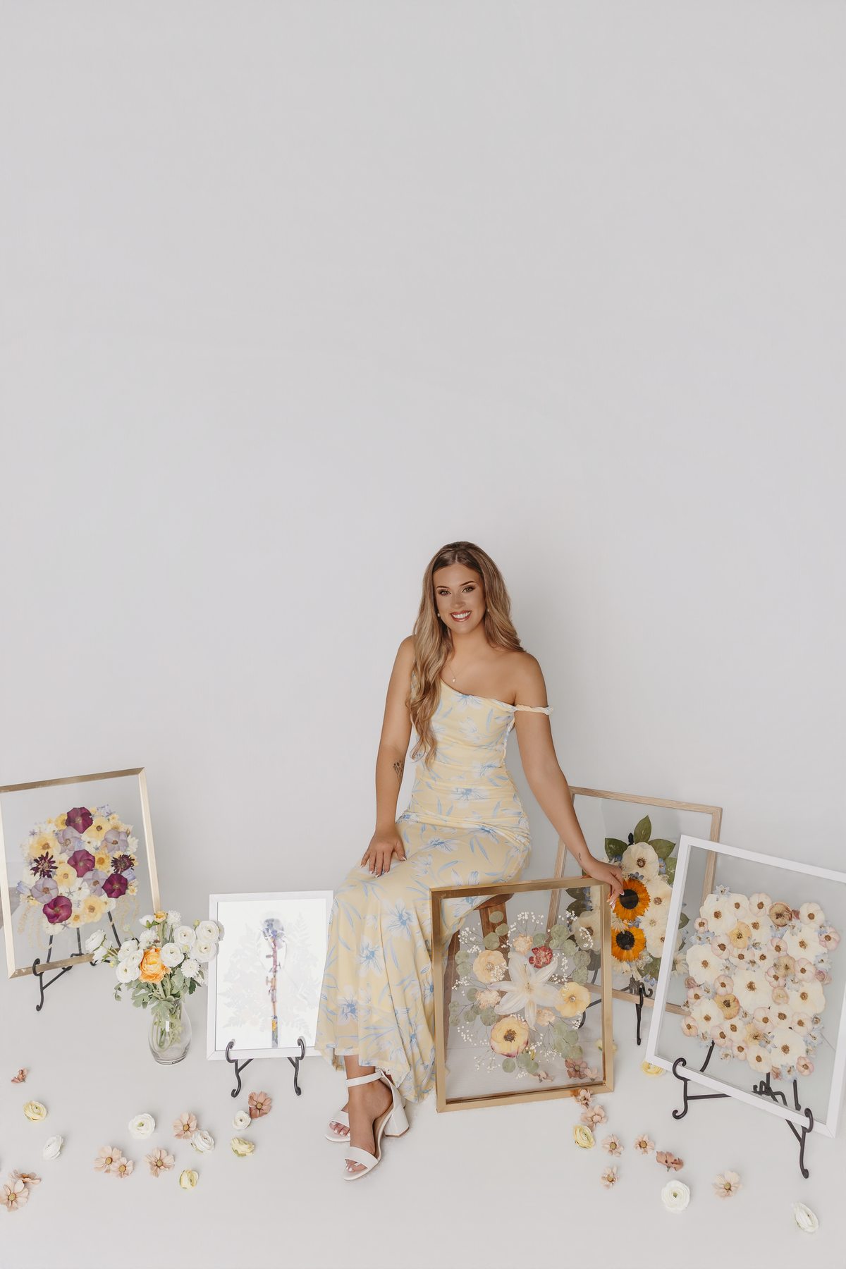 Framed pressed florals with sunflowers